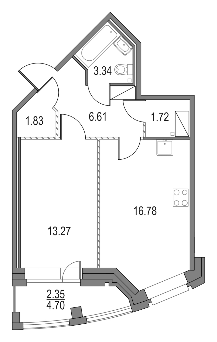 1-комнатная квартира 43.55 м², 12/23 эт., ЖК «Приморский квартал»